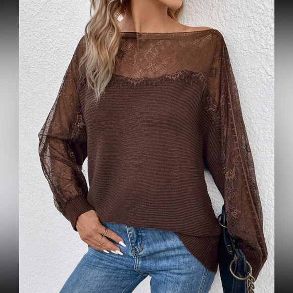 Comfy Elegant Sheer Mesh Lace Boat Neck Batwing Sleeve Sweater Top - Picture 15 of 16